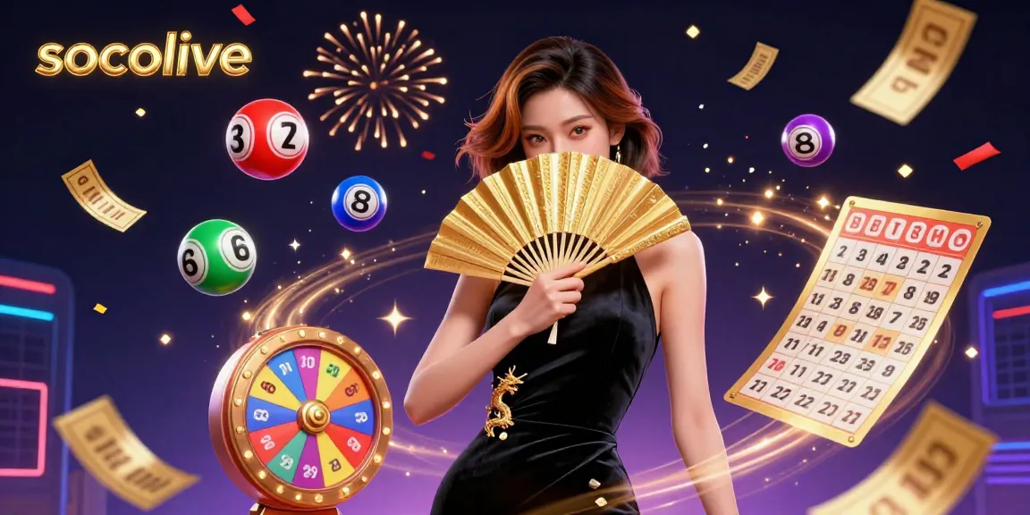 Socolive showcases dynamic elements with an elegant Asian woman and vibrant lottery features, enhancing your gambling experience.