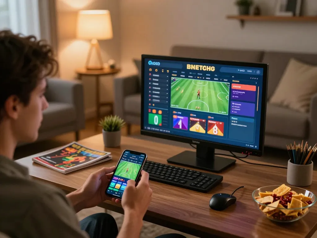 NK88 player engaging with sports betting app on smartphone in cozy home environment.