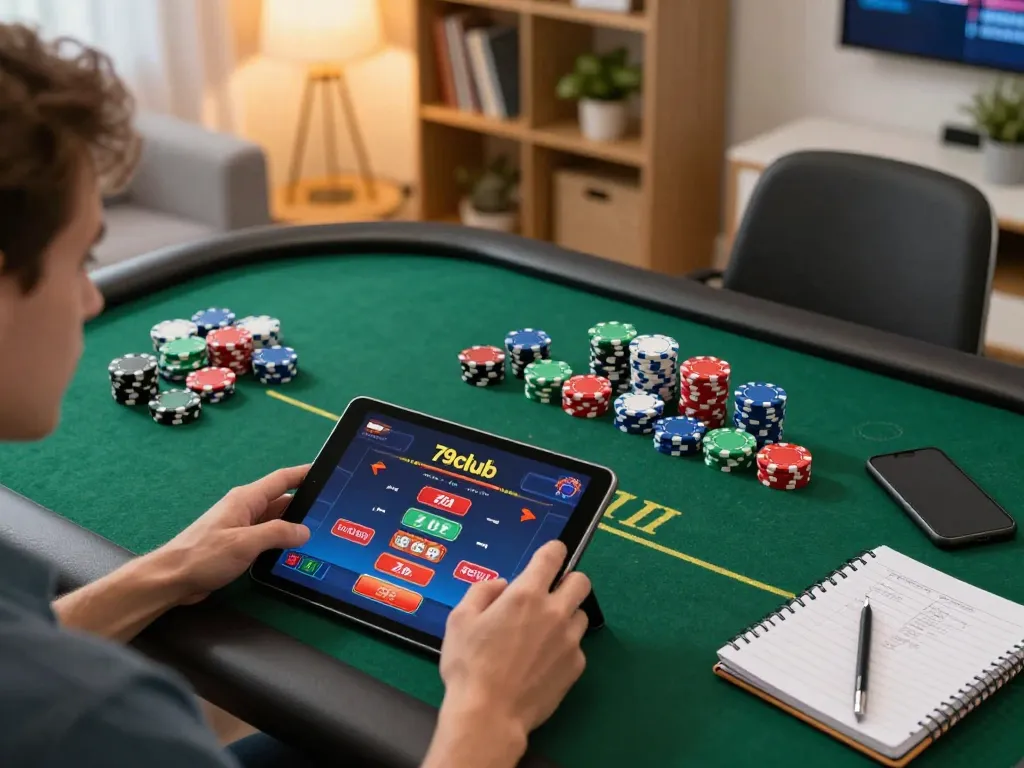 Player exploring 79club's casino app on tablet, engaged in online poker gameplay.