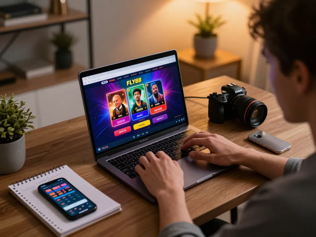 Player engaging in online gaming on the FLY88 platform with a cozy setup