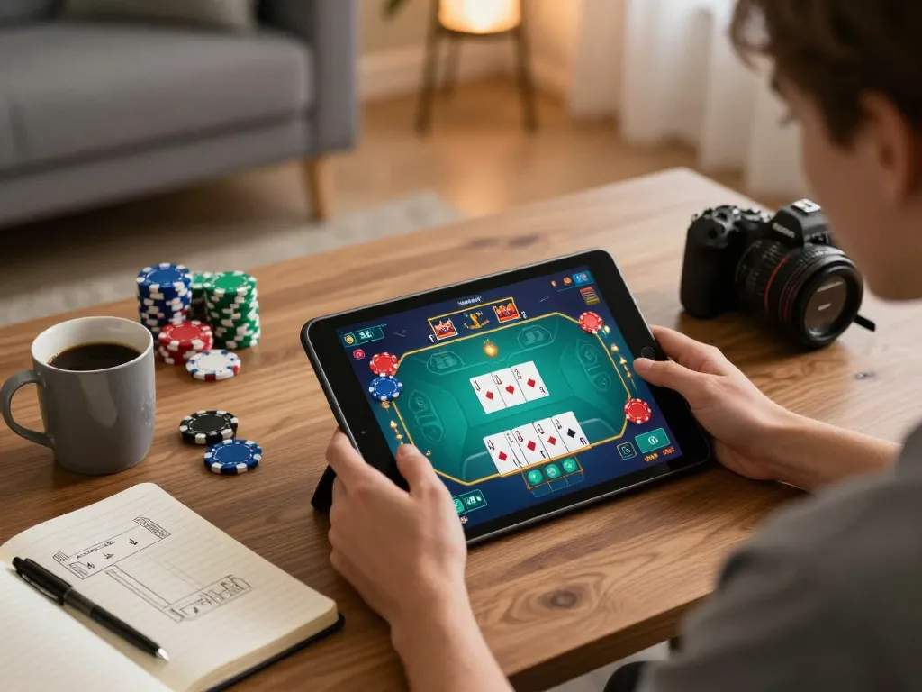Engaging online poker gameplay on tablet showcasing d-ola789 and strategy notes, creating an immersive experience.