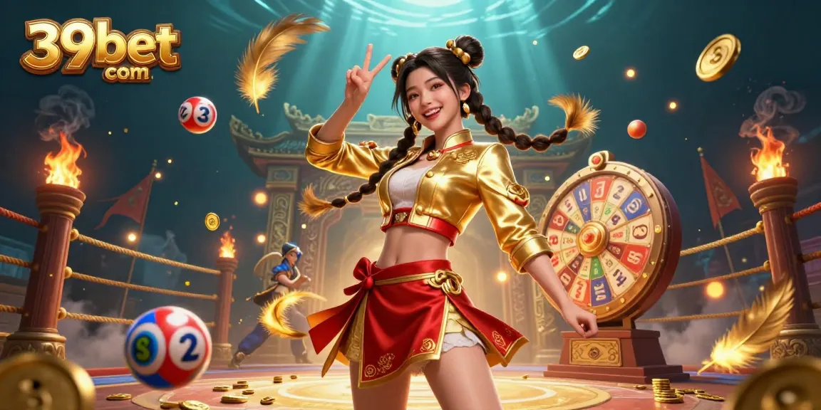 Win exciting rewards at 39bet com with a vibrant illustration of a joyful Asian woman surrounded by colorful lottery elements.