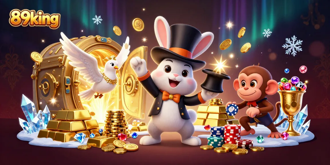 89king entices players with a whimsical scene of a magician rabbit and gems amidst a treasure vault.