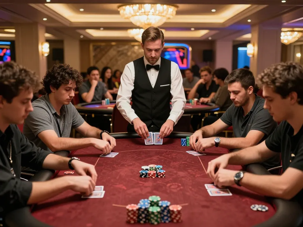 Players strategizing in an intense Xo88 poker game under warm casino lights with chips prominently displayed