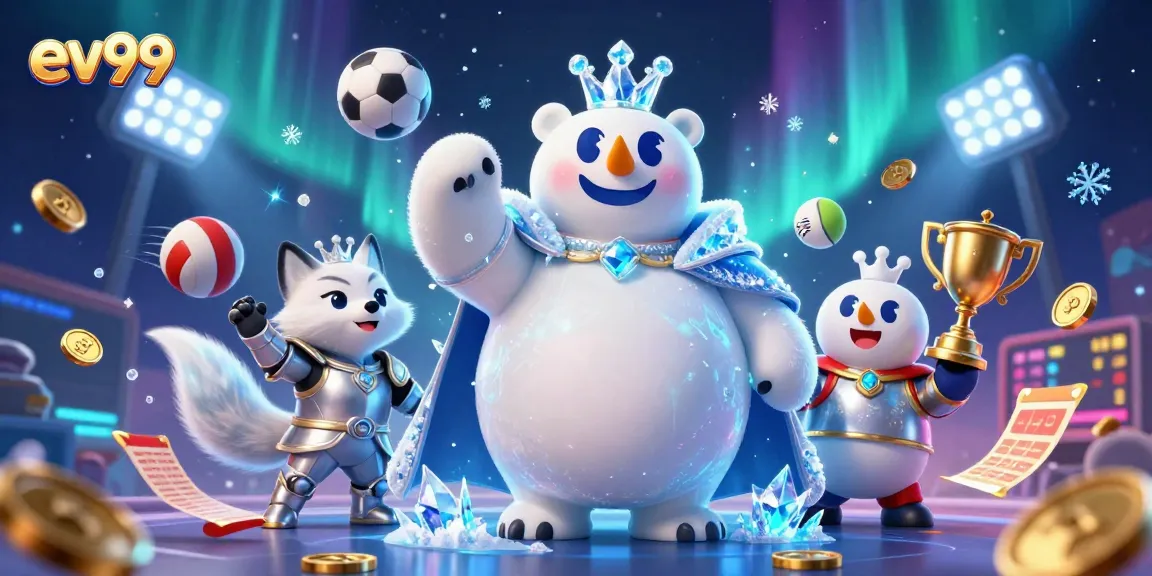 ev99 showcases an engaging 3D casino scene with ice king and sports elements.
