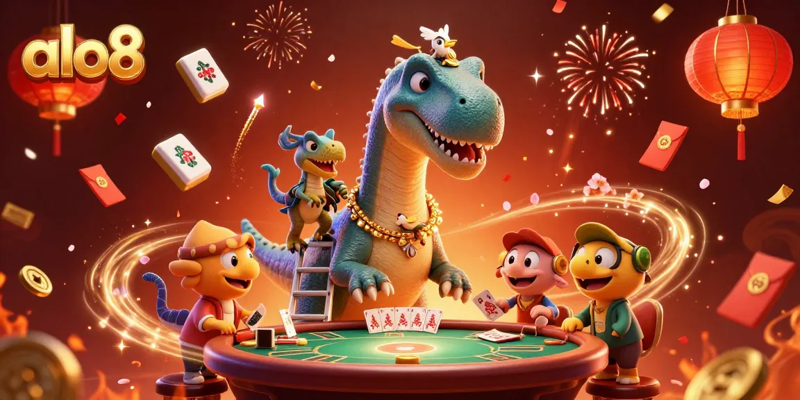 Engage with exciting games at ALO8 while a giant brontosaurus oversees the fun.
