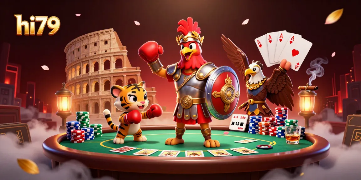 Experience excitement at hi79 with a vibrant scene of a rooster gladiator amid poker action.