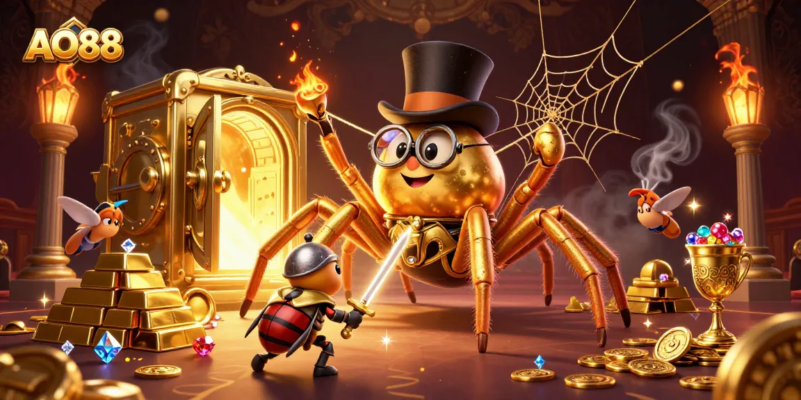 Engage with AO88 as a brave beetle knight approaches a golden tarantula in a vibrant casino scene.