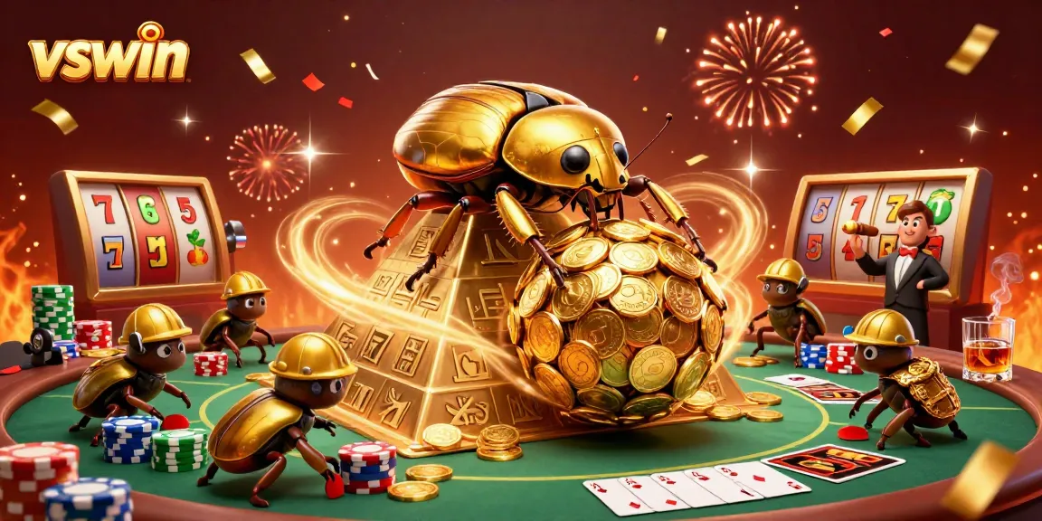 Experience the excitement of vswin with a golden dung beetle rolling coins in a vibrant casino scene.