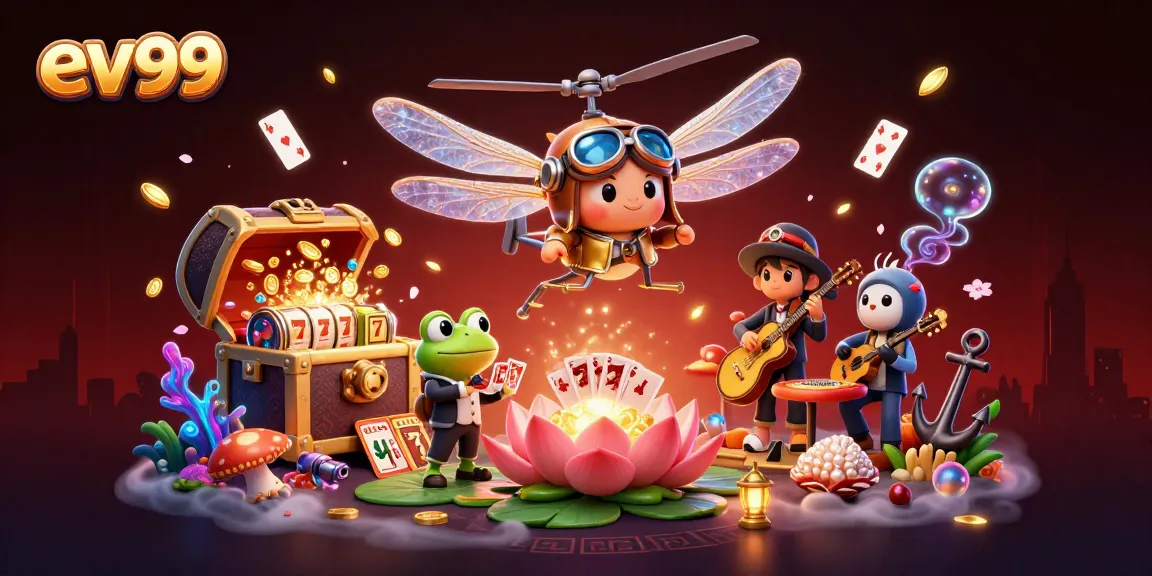 Experience exciting gaming at ev99 with a dragonfly pilot, frog croupier, and vibrant casino elements.