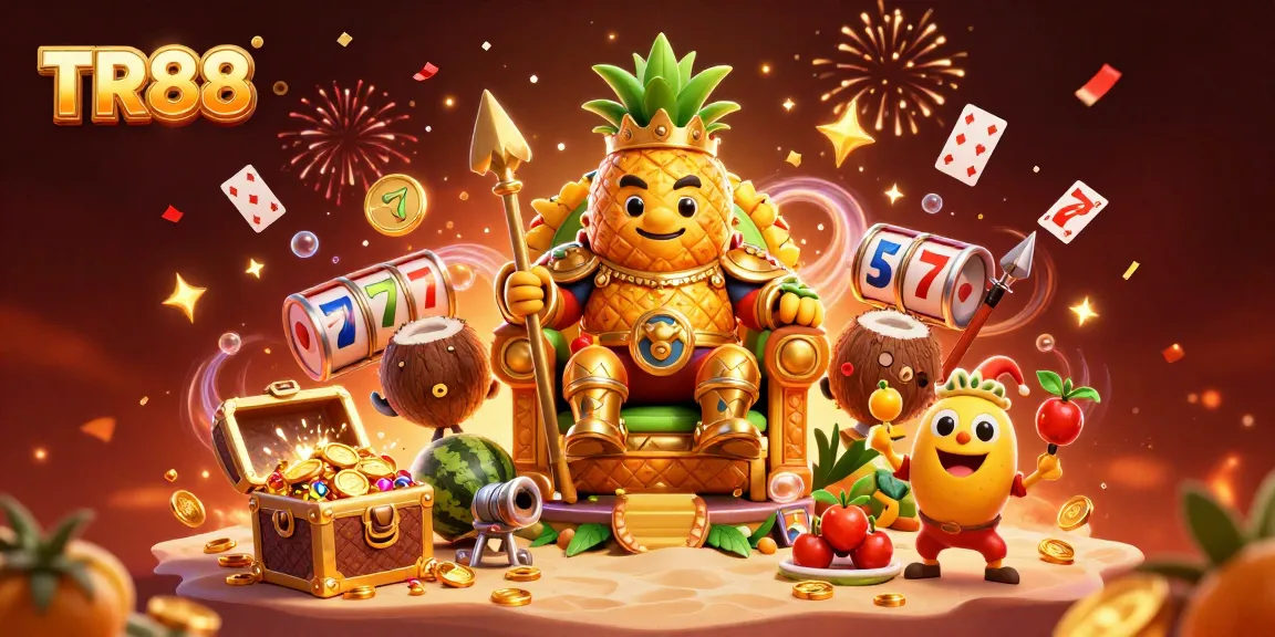 Join the action at TR88 casino with a vibrant beach scene featuring a golden pineapple king and dynamic game elements.