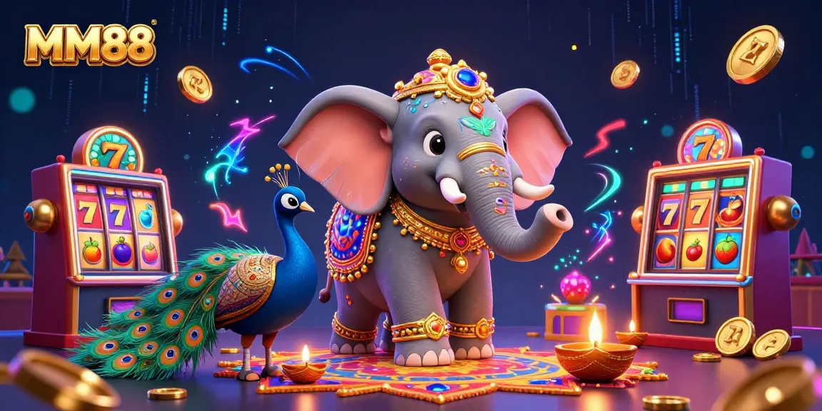 Experience the vibrant casino atmosphere with MM88's Diwali-themed elephant and peacock, engaging in thrilling slots.