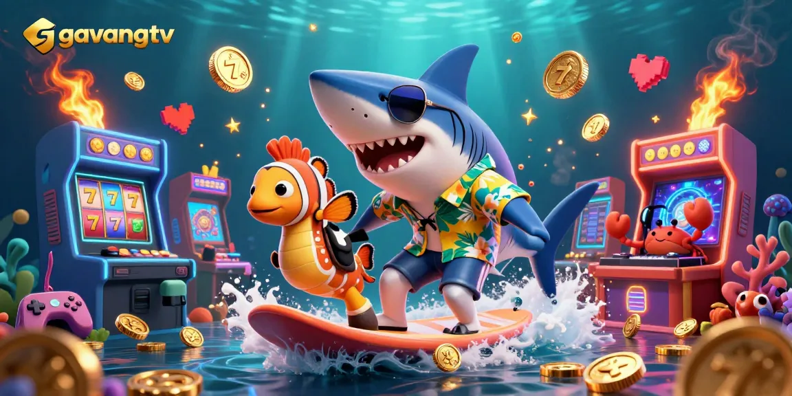 Surf with gavangtv, a shark and friends in a vibrant casino scene packed with gold coins and action!