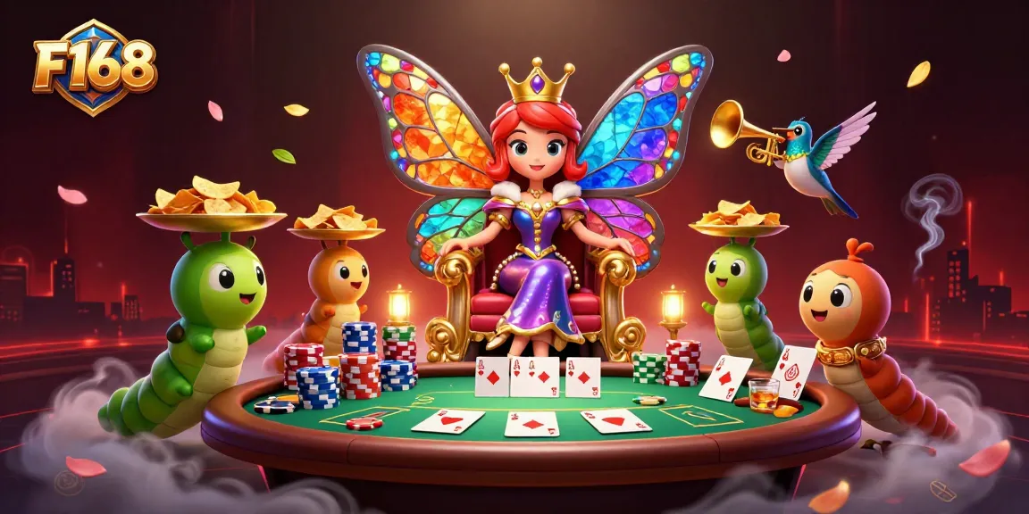Engage in high-stakes poker at F168 with stunning visuals featuring vibrant characters and dynamic casino elements.