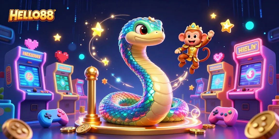Experience HELLO88 with vibrant gaming elements including a rainbow serpent and playful monkey king.