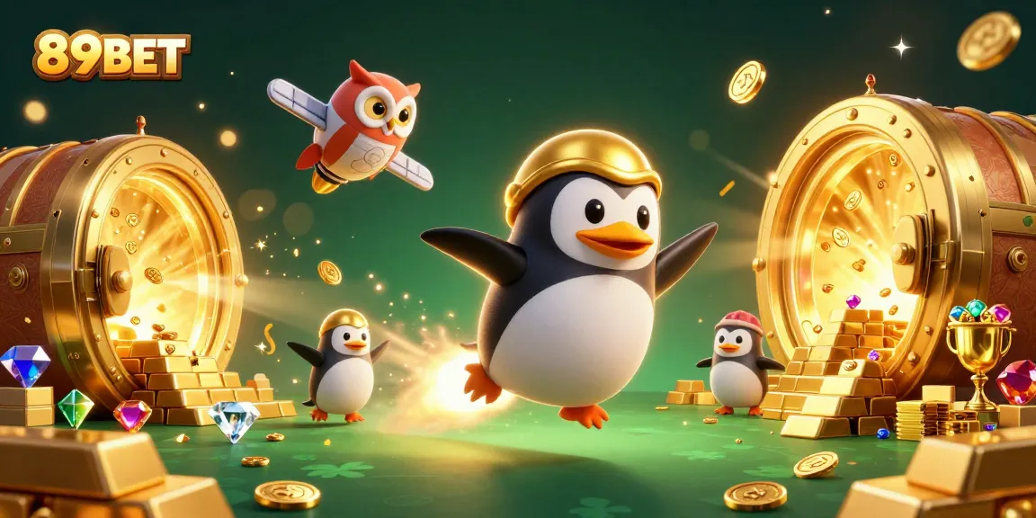 Experience winning thrills with 89BET as a golden penguin navigates a vivid casino cosmos filled with treasures.