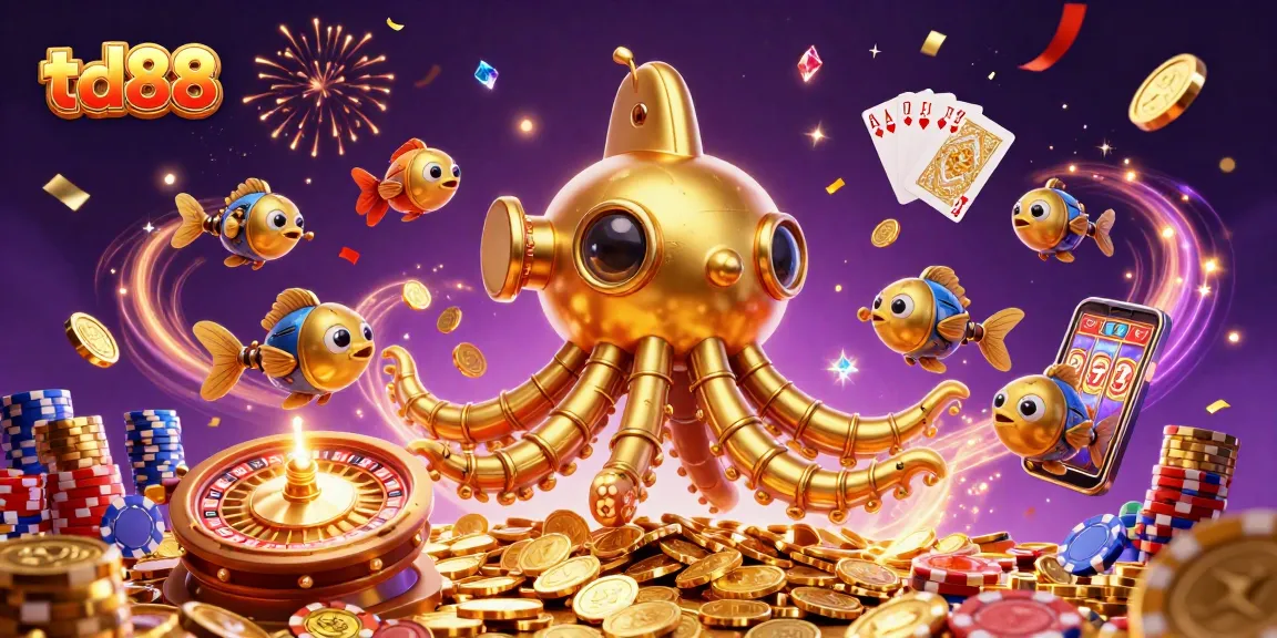 Engaging scene of td88's golden kraken submarine amid coins, showcasing casino excitement and game elements.