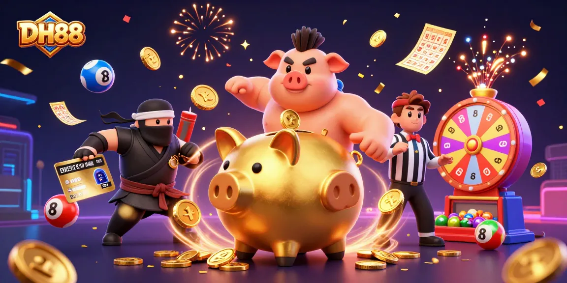 Engage with DH88's exciting dynamic gaming scene featuring a golden piggy bank sumo wrestler and vibrant lottery elements.