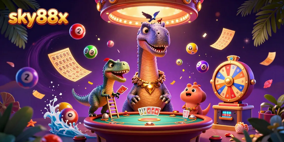 Experience the excitement of sky88x with a vibrant 3D illustration of a casino scene featuring lively characters.