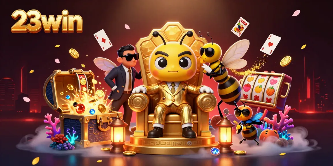 Experience the thrill of 23win with an exciting casino scene featuring jackpot elements, glowing visuals, and dynamic characters.