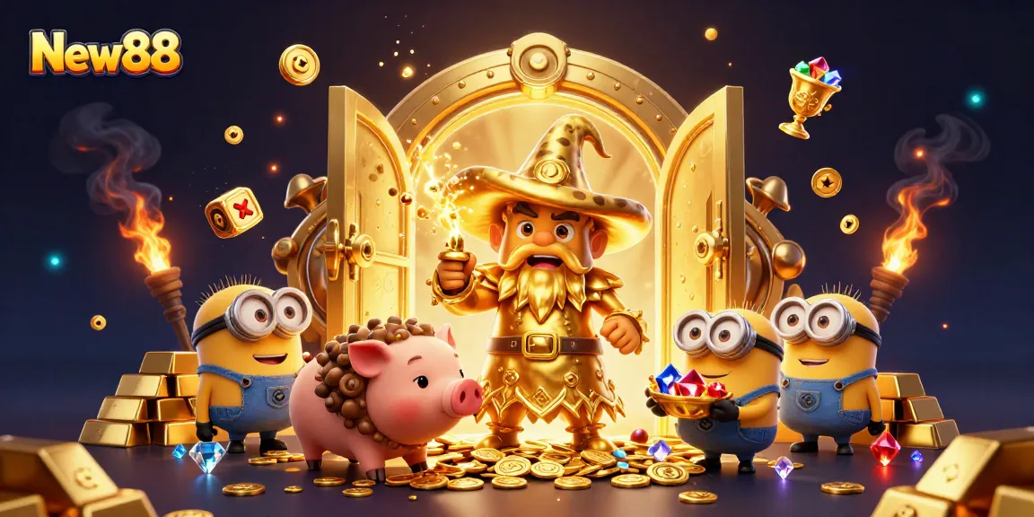 New88 casino scene with a wizard, treasure vault, and gaming elements adding excitement to online gambling.