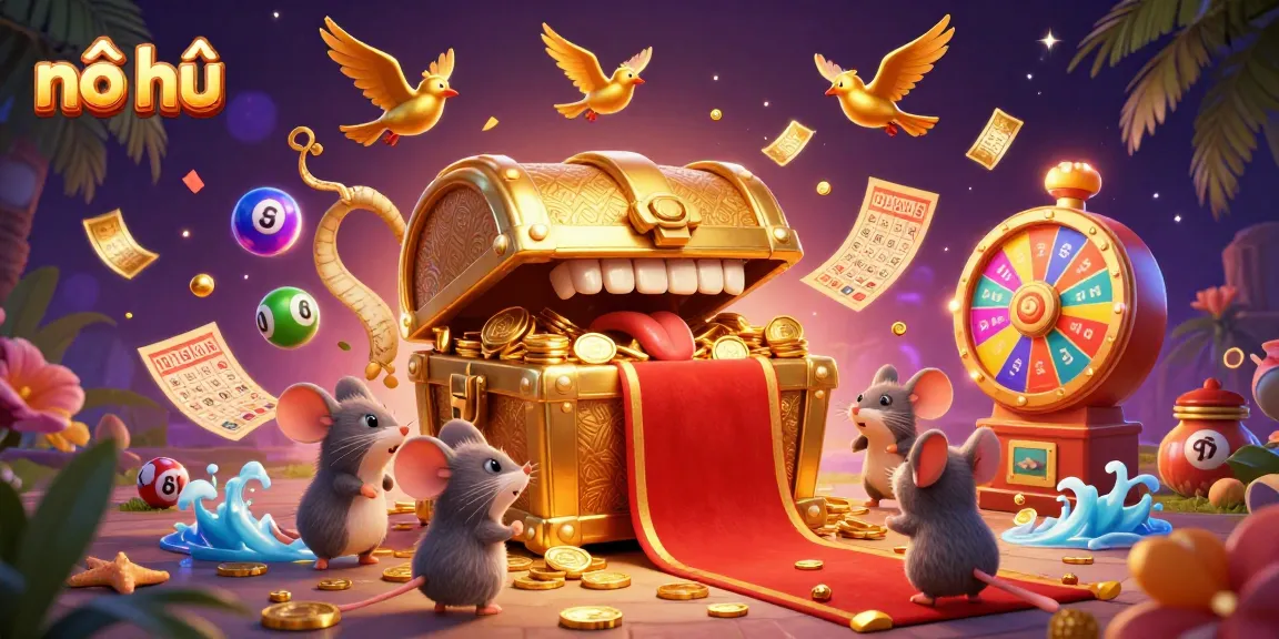 Experience the excitement of nổ hũ with colorful lottery elements and a treasure chest inviting players to riches.