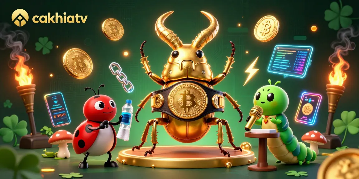 Cakhiatv showcases a vibrant casino-themed battle with a stag beetle champion, ladybug corner-man, and caterpillar announcer.