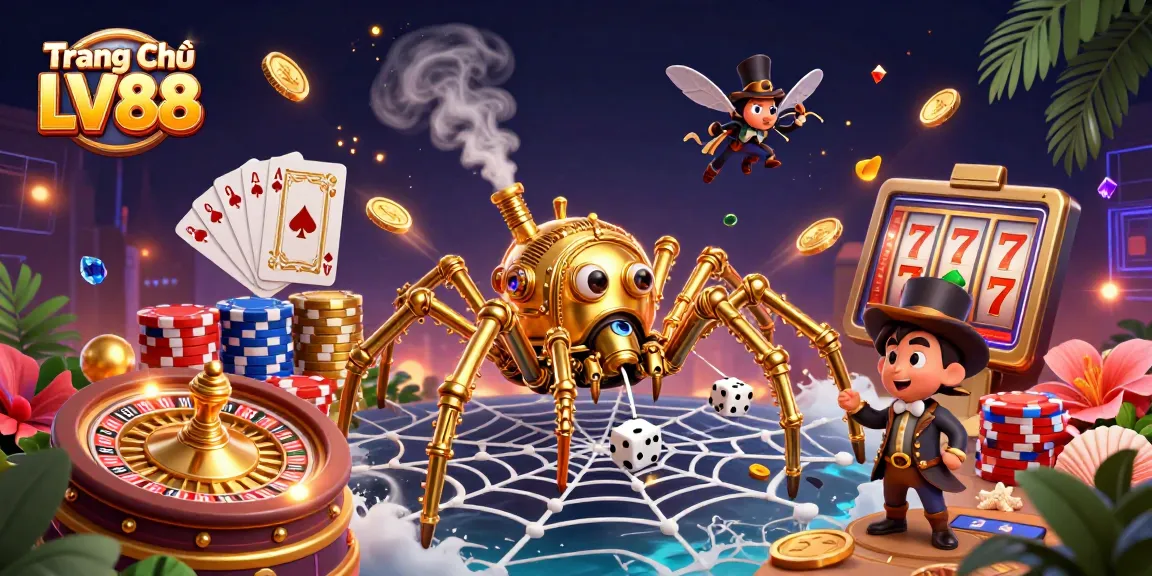 Engage with Trang Chủ LV88 through an enticing 3D steampunk casino illustration filled with dynamic game elements.