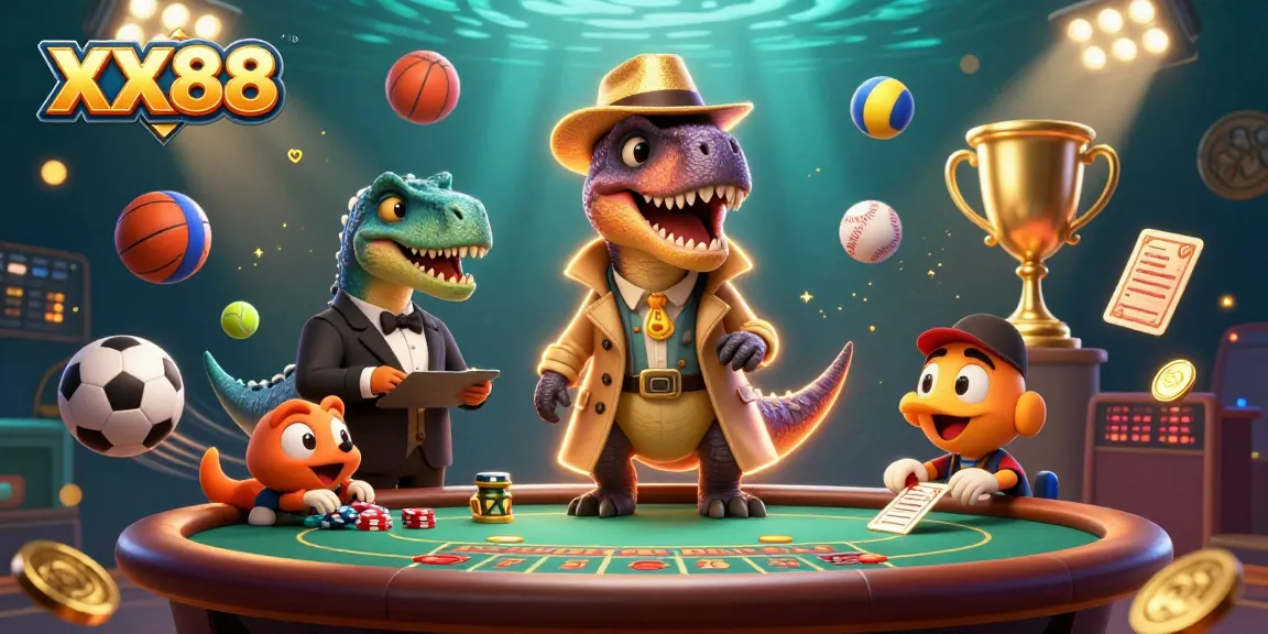 Experience thrilling betting action with XX88 as cartoon dinosaurs engage at a blackjack table.