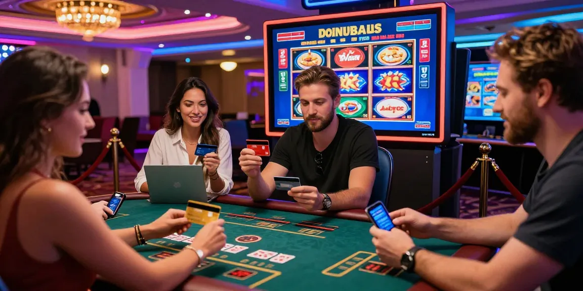 Credit Card Casinos at being-there.org.uk with diverse players enjoying vibrant games and secure payments in a luxurious online setting.
