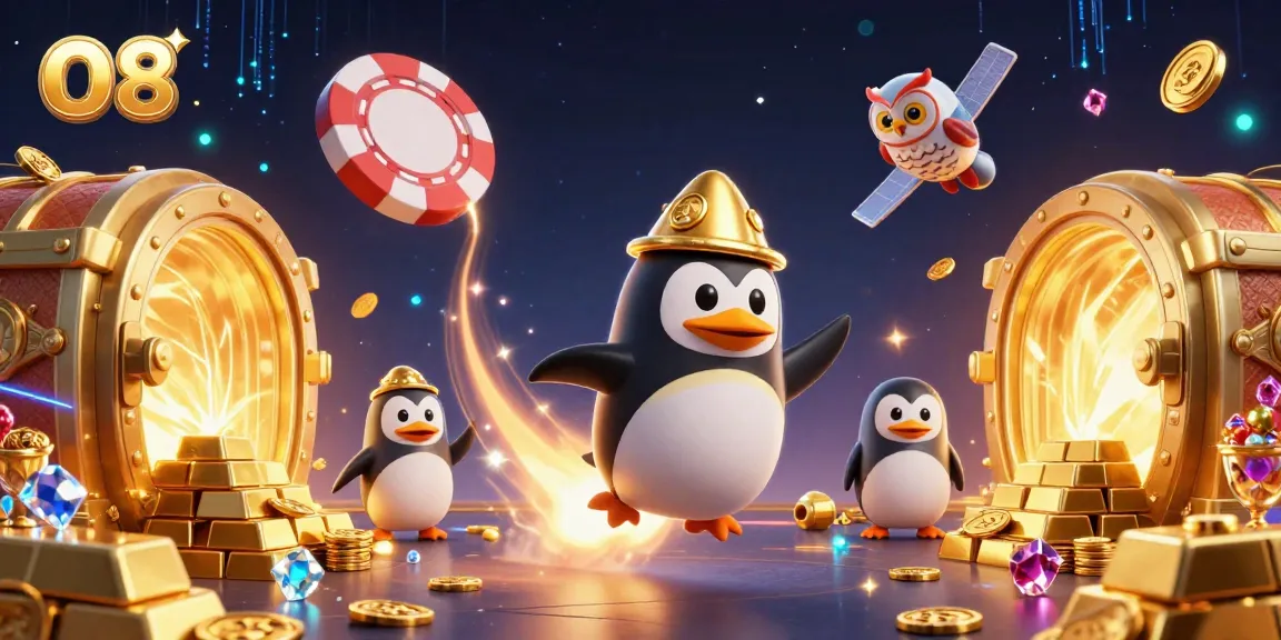O8's vibrant casino adventure features golden coins, a rocket penguin, and thrilling game elements in a dynamic scene.