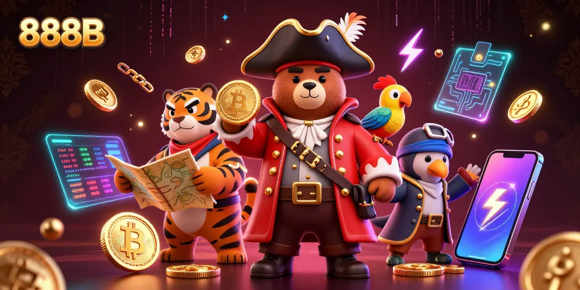Experience thrilling gameplay with 888B in this dynamic casino scene featuring lively characters and crypto elements.