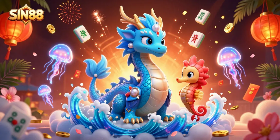SIN88 showcases vibrant 3D casino elements featuring a water dragon, seahorse knight, and neon jellyfish.