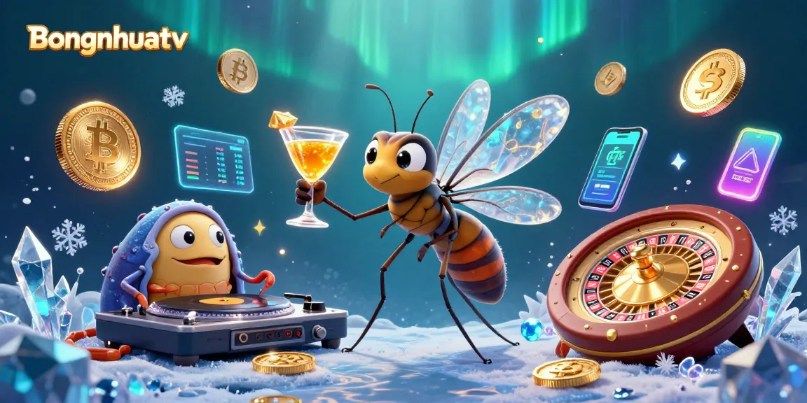 Bongnhuatv showcases a lively scene with a frozen mosquito mascot, trilobite DJ, and a roulette wheel, highlighting crypto and casino themes.