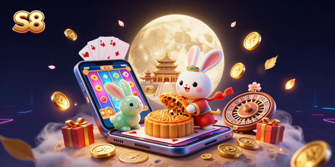 S8 brings excitement with 3D cartoon moon rabbit revealing poker chips in a vibrant casino scene.
