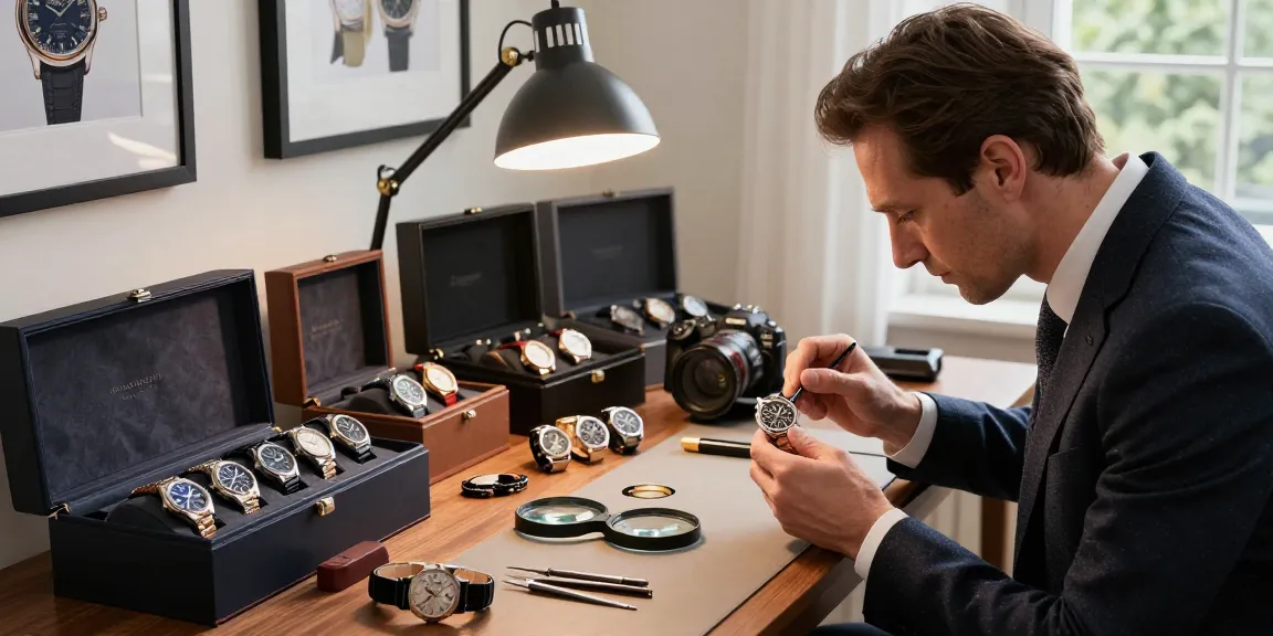 Showcasing replica watches on a collector's desk, emphasizing luxury timepieces.