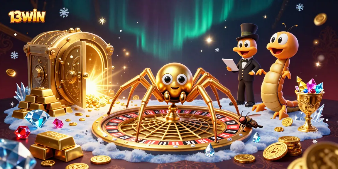 Place bets at 13WIN with a 3D spider and centipede in a casino scene.