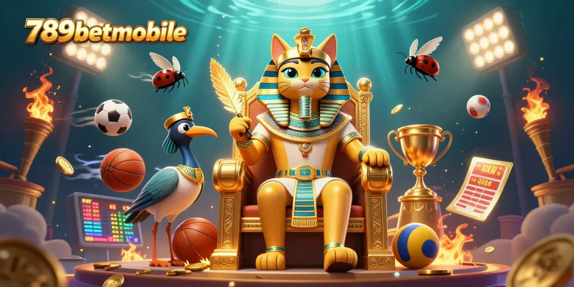 Engage at 789betmobile with a vibrant 3D pharaoh cat scene showcasing dynamic sports betting elements.