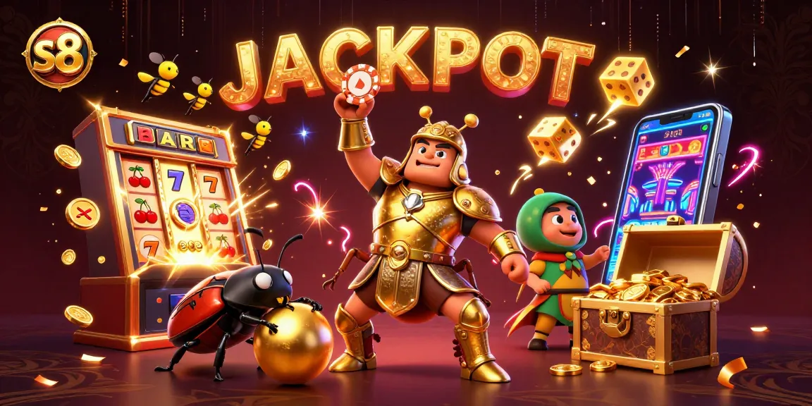 Experience the thrill of S8 with a 3D beetle celebrating a jackpot amidst glorious casino elements.