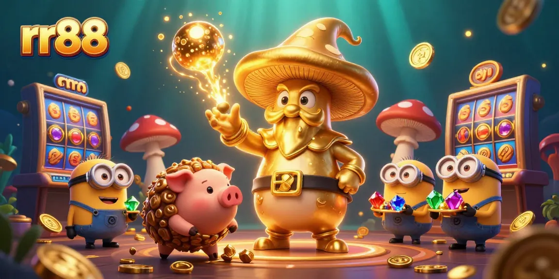 Engage in thrilling casino fun with rr88, featuring a magical golden wizard and lively gaming elements.