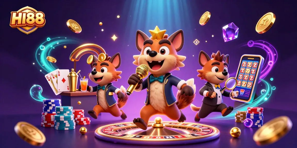 HI88 hyenas entertain at a casino comedy club, with vibrant casino elements.