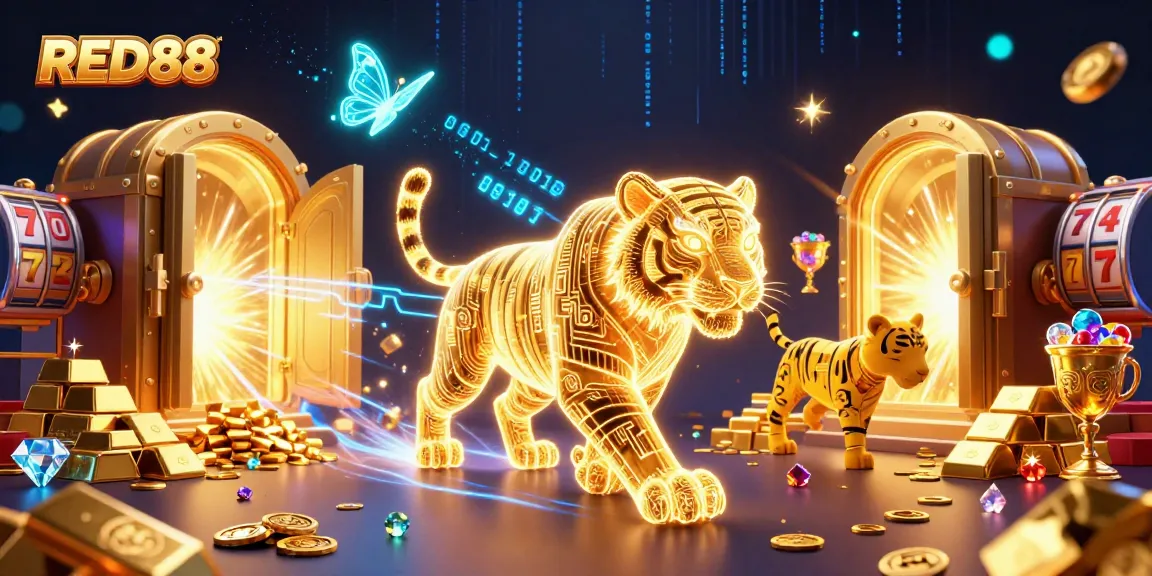 Engage with RED88 in this vibrant 3D digital casino, featuring golden tiger and slot reels.