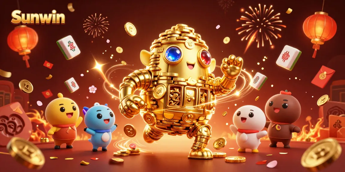 Engage in the vibrant world of Sunwin with a golden golem and festive casino elements.