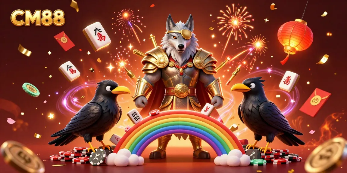 Experience CM88's vibrant casino world with Odin and his ravens amidst festive elements.