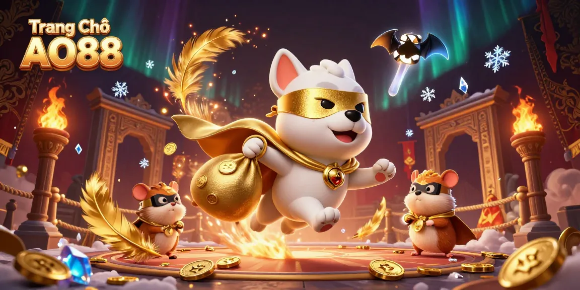 Experience excitement at Trang Chủ AO88 with a heroic dog soaring amidst gold coins and vibrant casino elements.