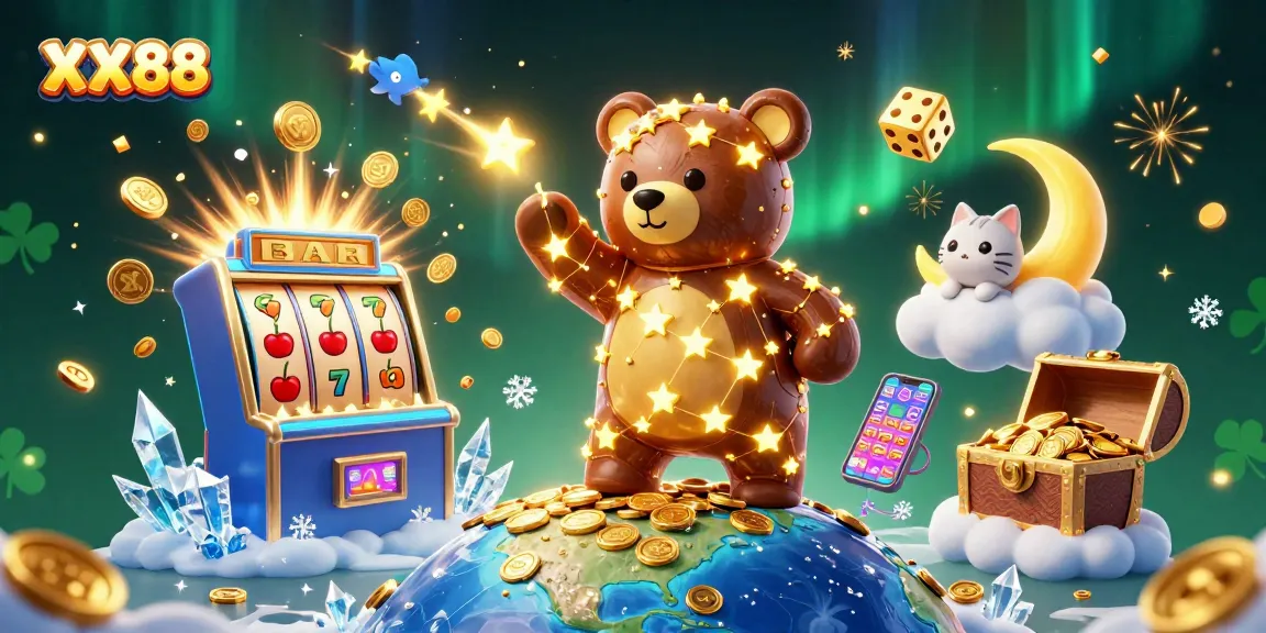 Win big with XX88 as a constellation bear scoops coins and a slot machine bursts with rewards!