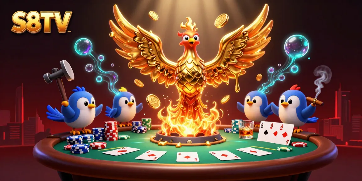 S8TV's dynamic poker scene showcases a molten golden phoenix surrounded by high-stakes gaming elements.