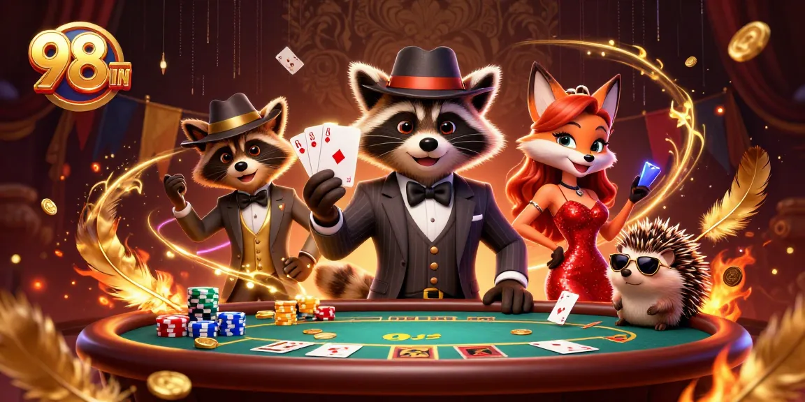 Engage in thrilling poker at 98WIN with a suave raccoon dealer, charming fox, and bouncer.
