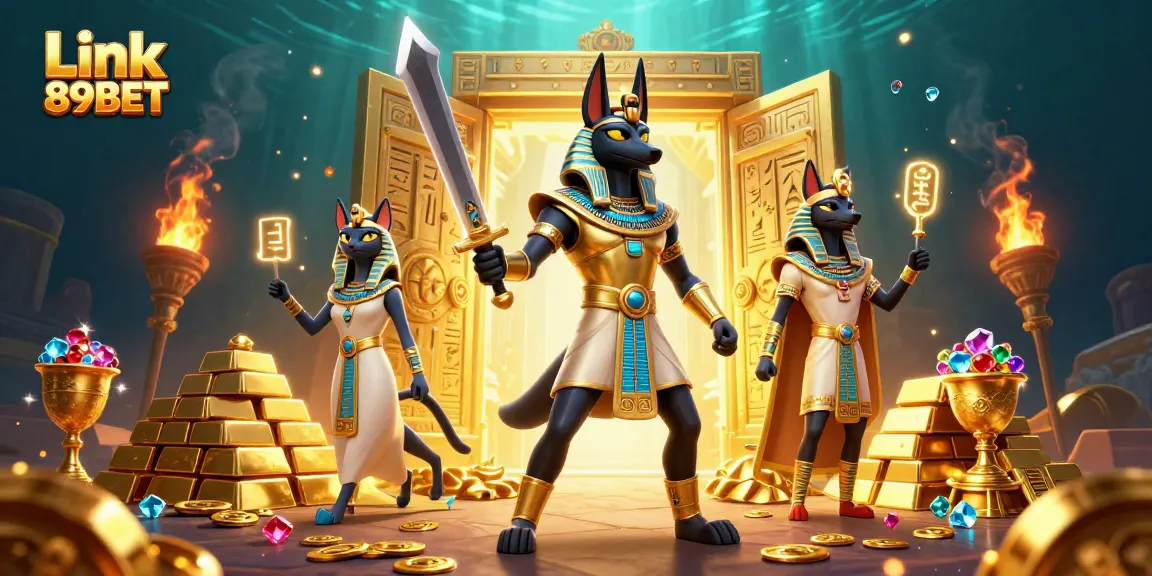 Engage with Link 89BET through an extravagant 3D casino themed scene featuring ancient Egyptian elements.