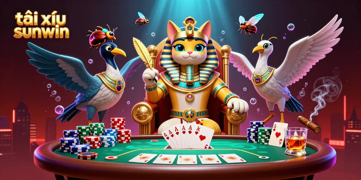 Experience tài xỉu sunwin with a playful Egyptian pharaoh cat themed casino scene featuring lively card and betting elements.